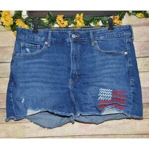 Old Navy Ladies Denim Cut Off Raw Hem Shorts Size 14 American Flag Embroidered